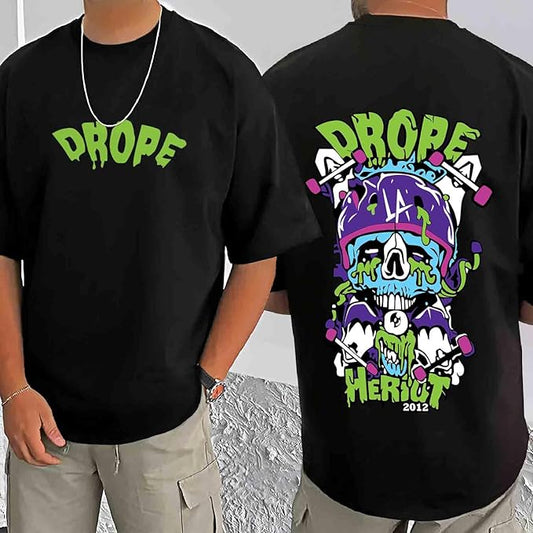 Men’s Black “DROPE” Skull Graphic Oversized T-Shirt – Streetwear Back Print Tee