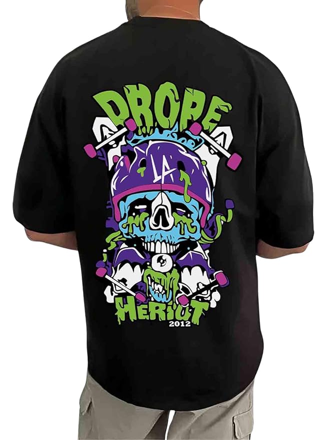 Men’s Black “DROPE” Skull Graphic Oversized T-Shirt – Streetwear Back Print Tee