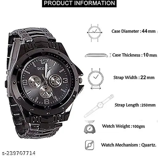 Black Stainless Steel Analog Watch for Men | Quartz Movement | Multi-Function Style Dial | Metal Strap | Casual & Formal Wrist Watch