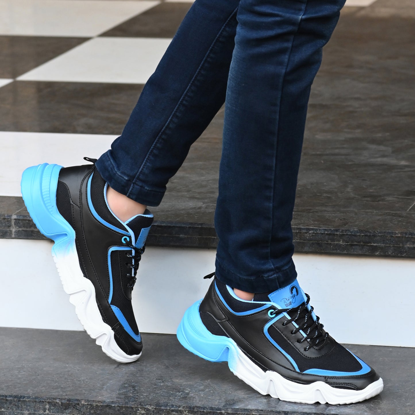 Electric Azure Chunky Sneakers – Midnight Black & Sky Blue