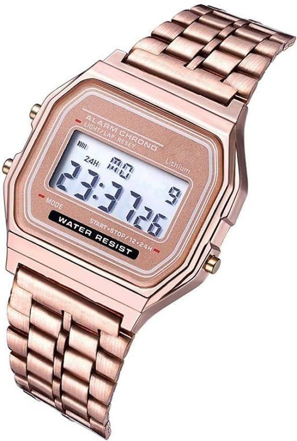 Unisex Rose Gold Digital Watch | LED Display Alarm & Water Resistant Wrist Watch
