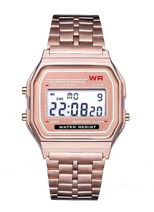 Unisex Rose Gold Digital Watch | LED Display Alarm & Water Resistant Wrist Watch
