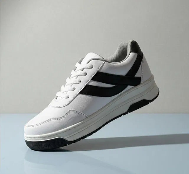 Men's White Casual Sneakers | Lace-Up Low Top Shoes | Lightweight Everyday Walking Shoes | Black Stripe Design