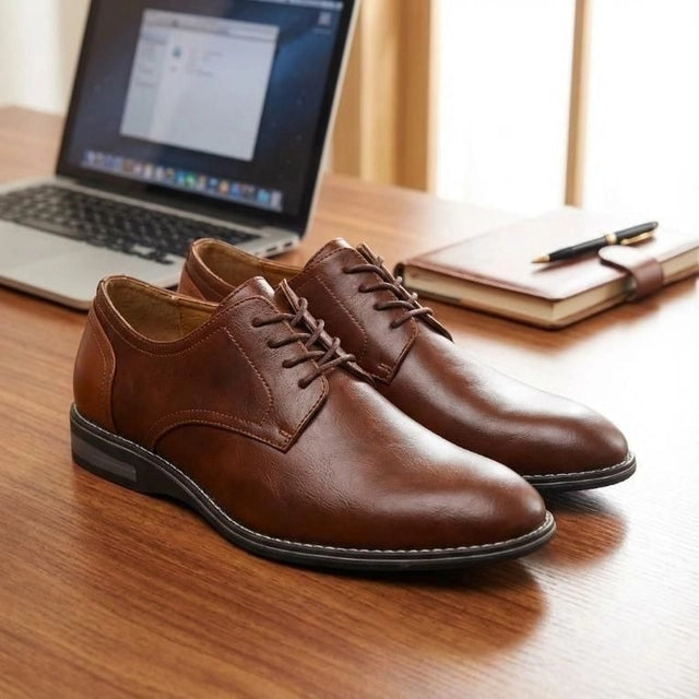 Men's Brown Formal Lace-Up Shoes | Faux Leather Office Dress Shoes | Lightweight Casual Business Footwear