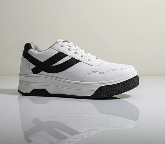 Men's White Casual Sneakers | Lace-Up Low Top Shoes | Lightweight Everyday Walking Shoes | Black Stripe Design