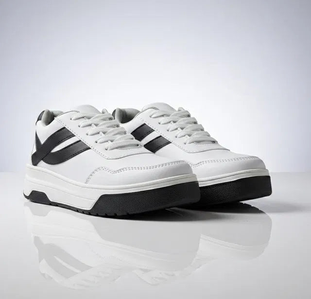 Men's White Casual Sneakers | Lace-Up Low Top Shoes | Lightweight Everyday Walking Shoes | Black Stripe Design