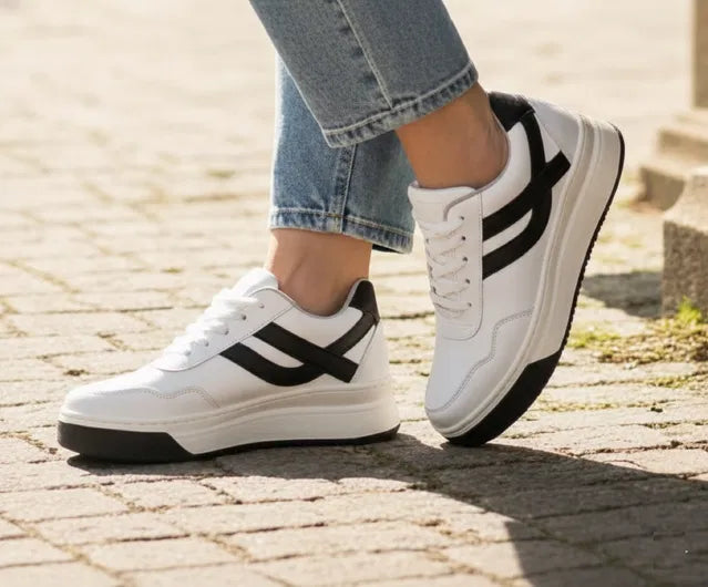 Men's White Casual Sneakers | Lace-Up Low Top Shoes | Lightweight Everyday Walking Shoes | Black Stripe Design